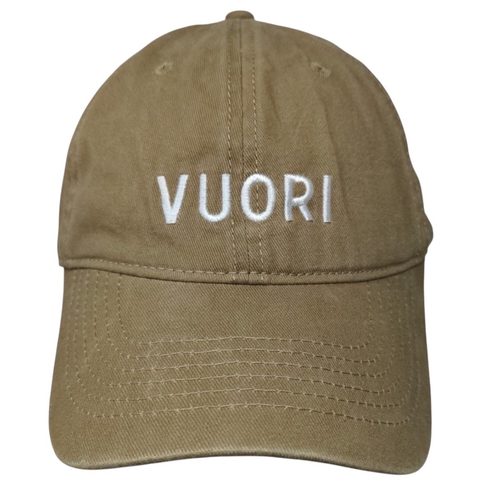 Vuori Mens Womens Khaki Tan Cotton Embroidered Logo Adjustable Strapback Dad Hat
